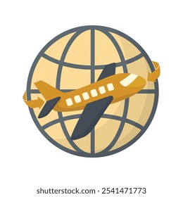 Airplane flying around the world delivery icon logo. Vector illustration in flat style.