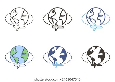 Airplane flying around the world earth globe icon. Plane vacations and holiday, business traveling vector graphic elements