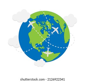 Airplane flying around the world. Flight around the earth. Air travel and tourism icon. The route of the aircraft. Point on the map, globe. Illustration on a bnl background. Vector.