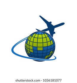 Airplane flying around world globe icon for travel agency or transportation and mail post logistics company. Vector isolated symbol of aircraft jet over blue earth for airlines or tourism