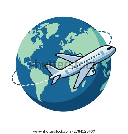 Airplane flying around world globe used in travel promotions, airline materials, transportation systems, and international tourism projects