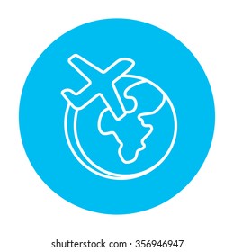 Airplane flying around the world line icon for web, mobile and infographics. Vector white icon on the light blue circle isolated on white background.