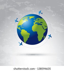 airplane flying around the world over degraded color background