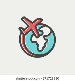 Airplane flying around the world thin line for web and mobile, modern minimalistic flat design. Vector icon with dark grey outline and offset colour on light grey background.