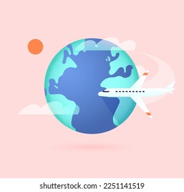 Avión volando por todo el mundo. Turismo, concepto de vacaciones. Viajando a nivel mundial en avión. Avión de negocios en un vuelo alrededor del mundo. Aerolíneas internacionales, aviación. Ilustración vectorial aislada