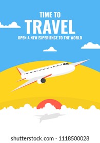 Airplane flying. Around the world travelling banner. Vector illustration.