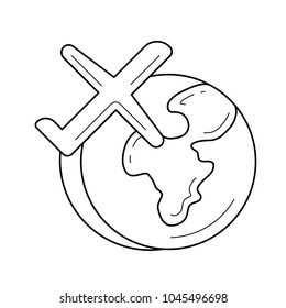 Airplane flying around the world vector line icon isolated on white background. Air pollution concept. Plane with globe line icon for infographic, website or app.