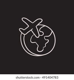 Airplane flying around the world vector sketch icon isolated on background. Hand drawn Airplane flying around the world icon. Airplane flying around world sketch icon for infographic, website or app.