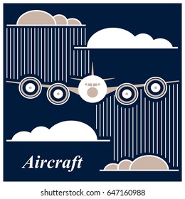 Airplane flying between the clouds. Vector background