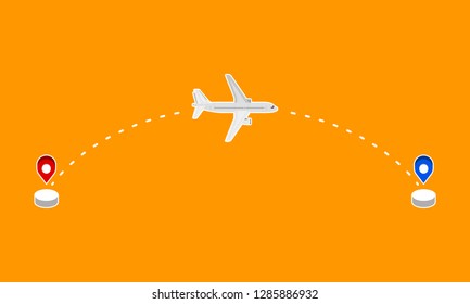 Avión que vuela entre el punto de inicio y el punto final con una trayectoria de línea discontinua blanca sobre fondo amarillo - Ilustración de vectores