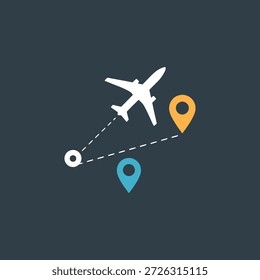 Avión volando entre dos pines de ubicación en un mapa profesional de alta calidad detallado
