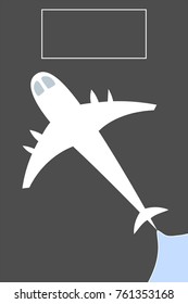 the airplane is flying, beyond which the world opens. white airplane on a gray background and the sky is blue. postcard travel.