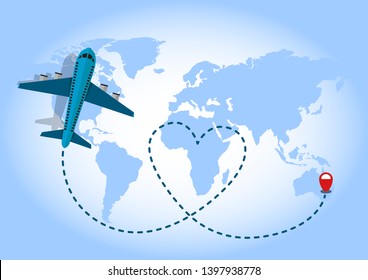 airplane flying with blue dashed trace line in blue world map background. traveling love concept.