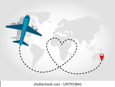 airplane flying with blue dashed trace line in grey world map background. traveling love concept.