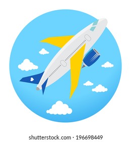 Airplane flying in the blue sky among the clouds. Vector illustration.