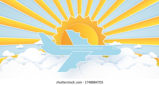 Avión volando en el cielo azul con nubes y sol brillante, paisaje nublado, estilo de arte de papel