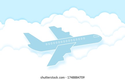 Airplane flying in the blue sky with clouds, Cloudscape, paper art style