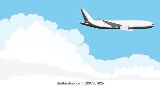 Airplane flying in blue sky with clouds. Vector