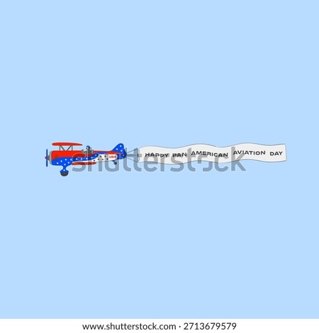 Airplane flying in the blue sky pulling a banner, happy Pan American Aviation Day vector illustration design. An acrobatic airplane digital hand-drawn art. Perfect for posters, articles.