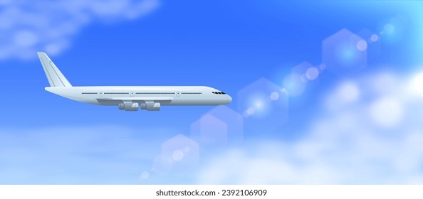 Airplane flying in the blue sky, side view. Vector illustration