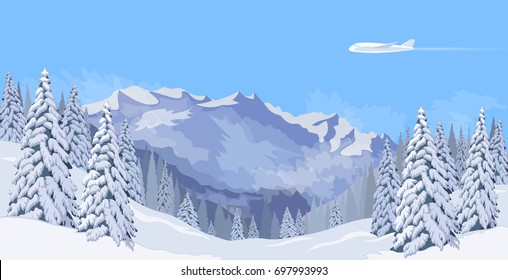 Airplane flying in a blue sky snow mountain winter landscape. Fir tree forest background travel banner template vector illustration