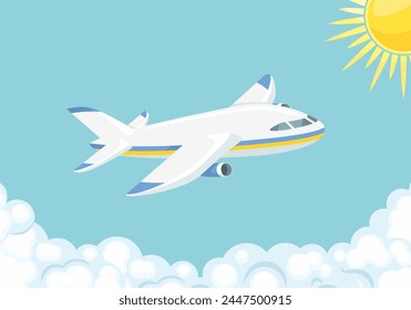 Airplane flying in the blue sky through the clouds. Vector cartoon flat illustration of aircraft. Travel and vacations concept.