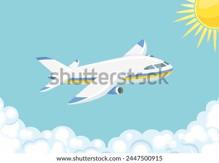 Airplane flying in the blue sky through the clouds. Vector cartoon flat illustration of aircraft. Travel and vacations concept.