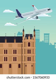 airplane flying and building over sky background, colorful design , vector illustration