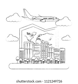 airplane flying with buildings and paper map