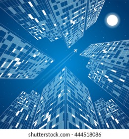 Airplane flying, business building, neon city, infrastructure illustration, architecture, vector design art