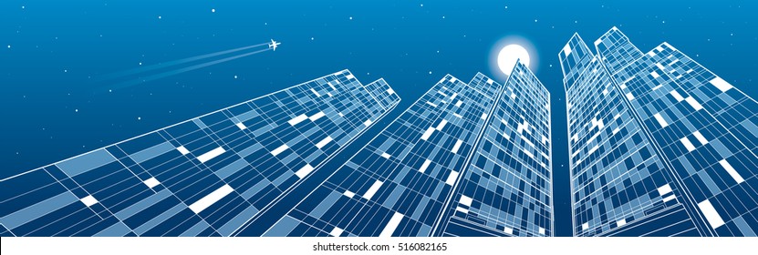 Airplane flying. Business center buildings, skyscrapers and towers, neon lights, nights city, vector design art