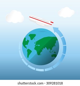 airplane flying with circle arrow around the planet  -Vector