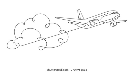 Un avión volando en las nubes. Viaje alrededor del mundo. Dibujo continuo de la línea. Ilustración vectorial.