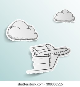 Airplane flying in the clouds. Doodle image. Scrapbooking. Stock Vector illustration.