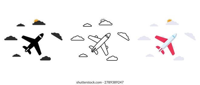 Airplane Flying in Clouds Icon Set with Aircraft Silhouette and Aviation Weather Symbols
