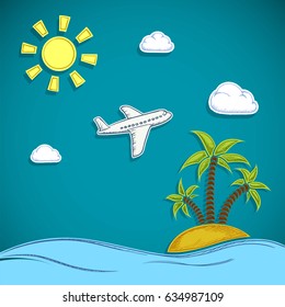 Airplane is flying in the clouds. Island with sand and palm trees. Vacation at the sea with the beach. Stock Vector flat graphic illustration.