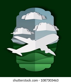 airplane flying with clouds and landscape