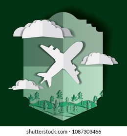 airplane flying with clouds and landscape