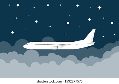 Airplane flying in the clouds. The plane flies on a background of clouds and stars. Vector illustration of a passenger plane.