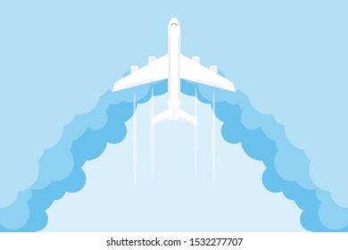 Airplane flying in the clouds. The plane flies on a background of clouds and stars. Vector illustration of a passenger plane.
