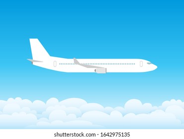 Airplane flying in the clouds. The plane flies over white clouds against a blue sky. Air flight. Vector, cartoon illustration. Vector.