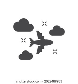 Airplane flying with clouds in the sky icon. Black vector travel symbol.