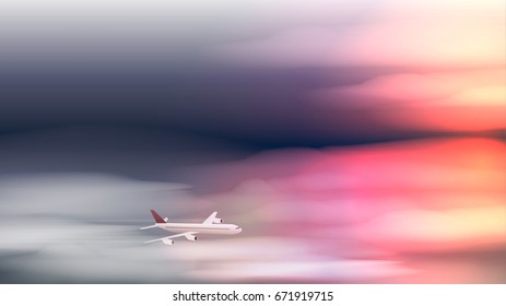 Airplane Flying in Clouds at Sunset or Dawn - Vector Illustration