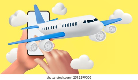 Airplane flying in clouds for travel. background for summer travel advertising design . Realistic 3d design of Travel concept in cartoon minimal style, Ordering airline tickets online