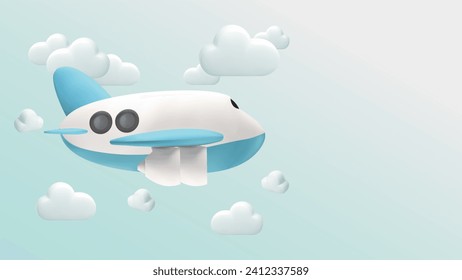 Airplane flying in clouds for travel. blue background for summer travel advertising design . Realistic 3d design of Travel concept in cartoon minimal style. 