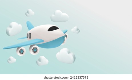 Avión volando en nubes para viajar. fondo azul para el diseño de publicidad de viajes de verano . Diseño 3d realista del concepto Viajes en caricatura de estilo mínimo. 