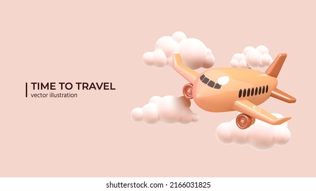 Airplane flying in clouds for travel summer journey  Realistic 3d design Travel concept in cartoon minimal style  Vector illustration