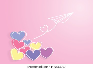 airplane flying with colorful of heart shape behind.Vector illustration,valentine's day greeting card and love concept