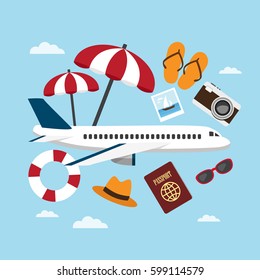 Airplane flying composition with travel accessories. Vector illustration 