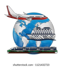 airplane flying with cruice ship and electric fast train in planet earth